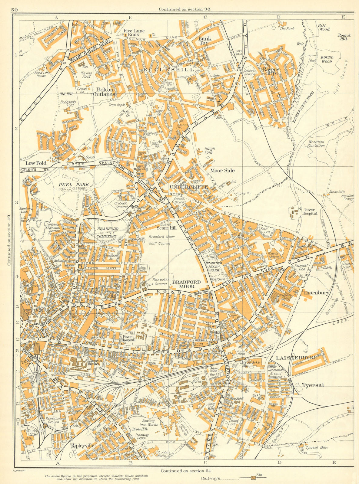 BRADFORD Moor Tyersal Laisterdyke Thornbury Side Low Ripleyville 1935 old map